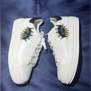 KURT GEIGER  White Women's Platform Sneakers with Embellished Green Eye Detail
